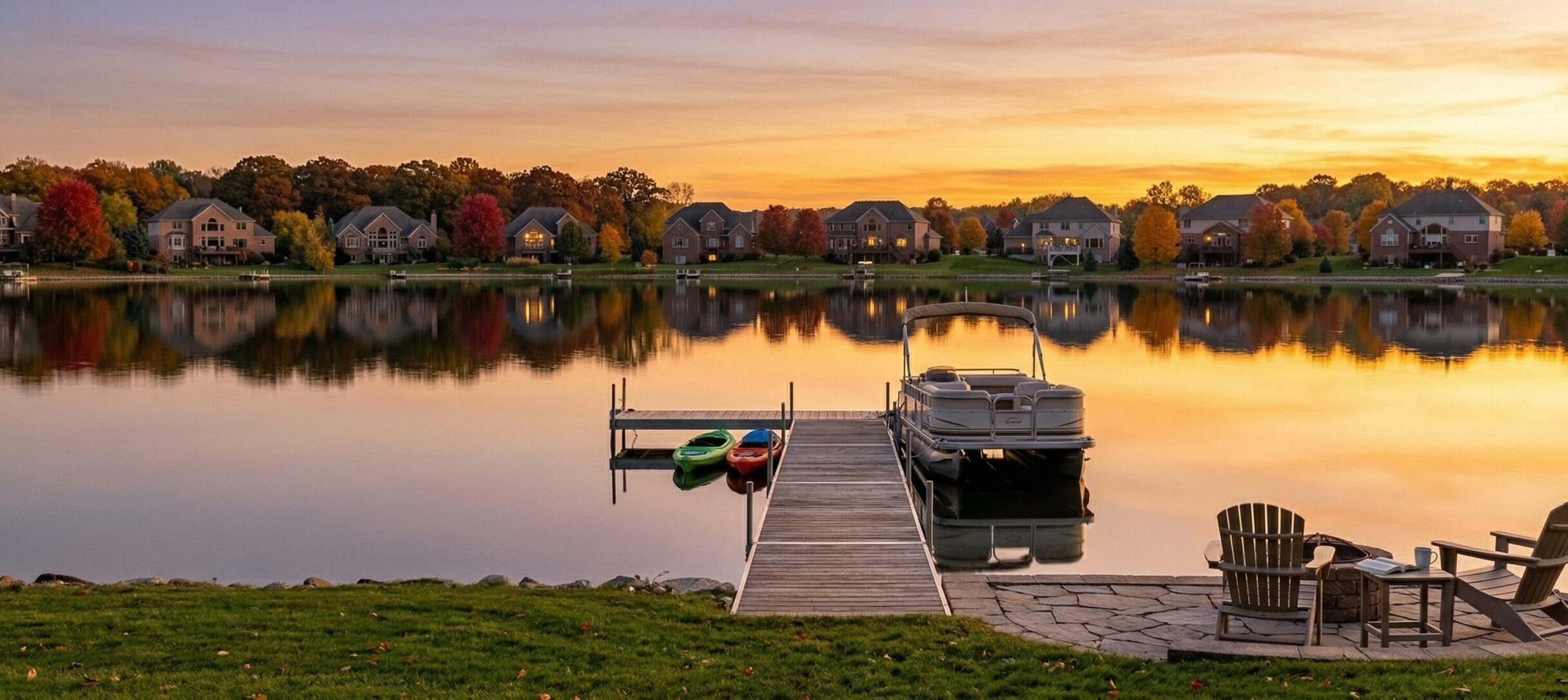 Michigan lakefront community at sunset showing the natural beauty that draws residents to the state